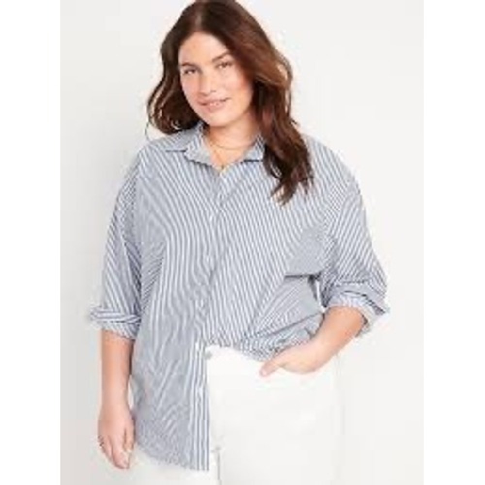 Old Navy The Boyfriend Shirt XXL Blue White Striped Button Down Long Sleeve Top